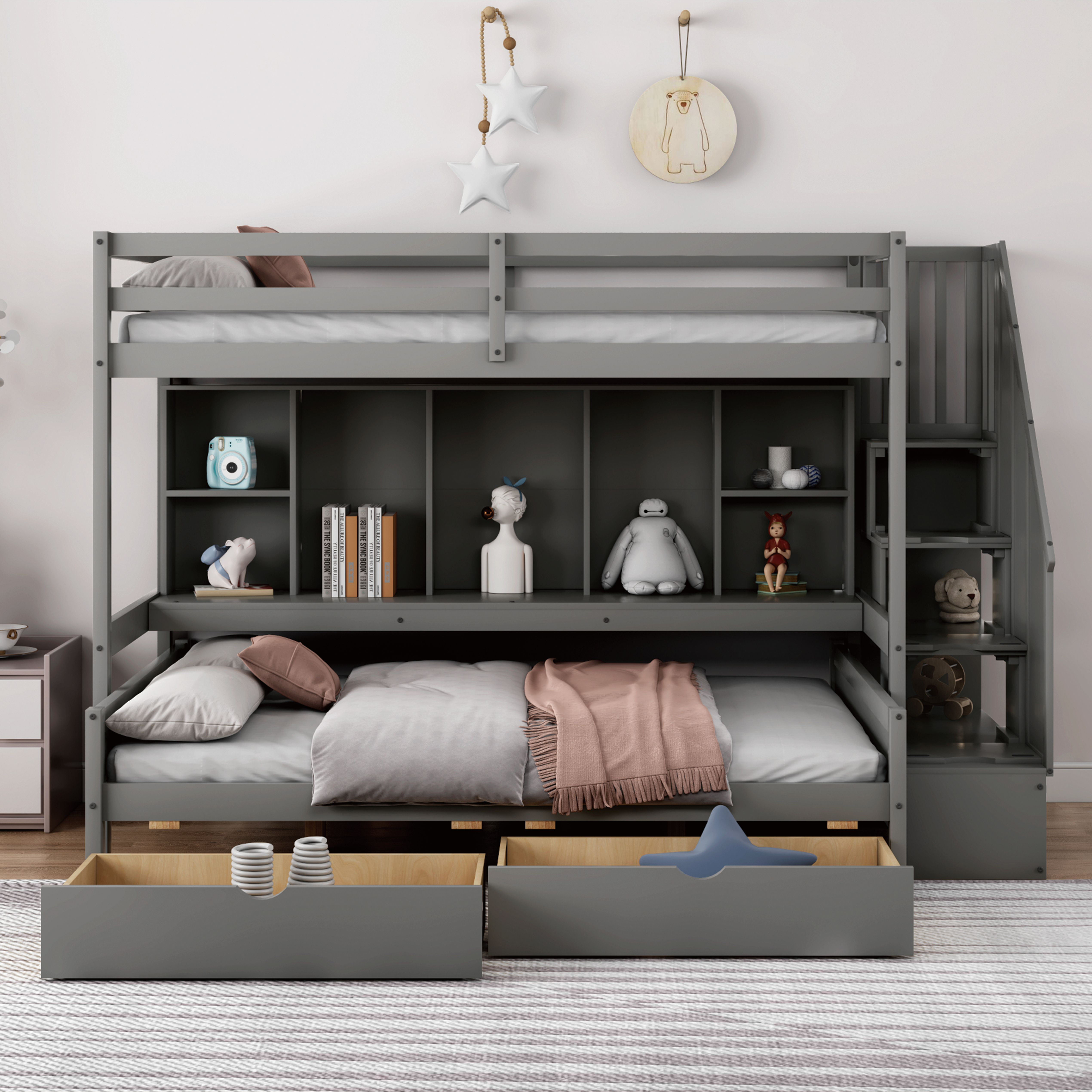 Harriet Bee Twin Extra Long over Full 2 Drawer Solid Wood Standard Bunk ...
