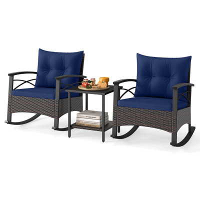 3 PCS Rattan Rocking Chair Set with Acacia Wood Tabletop Armrests for Porch, Balcony Mix Brown + Navy
