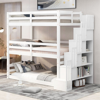 Twin Size Triple Bunk Bed With Storage Staircase,Separate Design