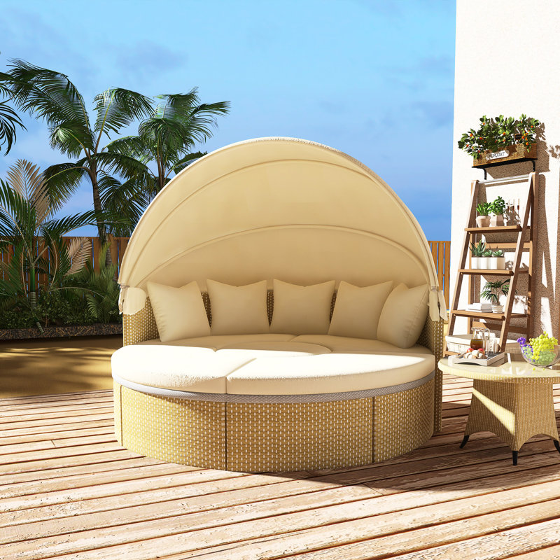PATIO FURNITURE ROUND OUTDOOR SECTIONAL RATTAN DAYBED, Yellow