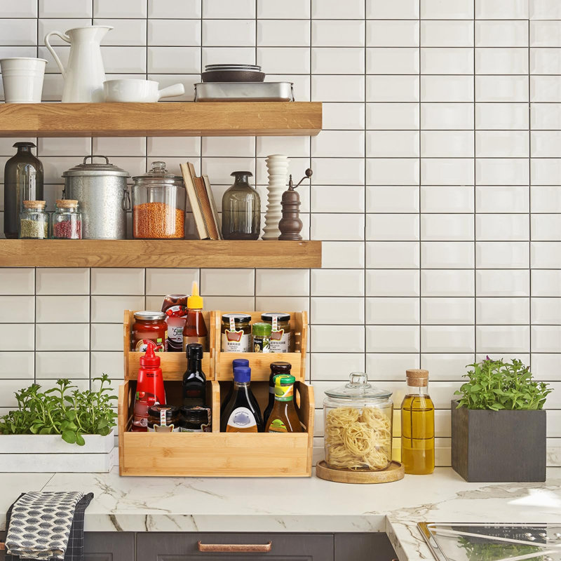 Bacs de rangement empilables en bambou à 2 niveaux, paniers de rangement pour pommes de terre et oignons, support de rangement pour garde-manger avec poignée, contenants à fruits de cuisine ouverts à l'avant