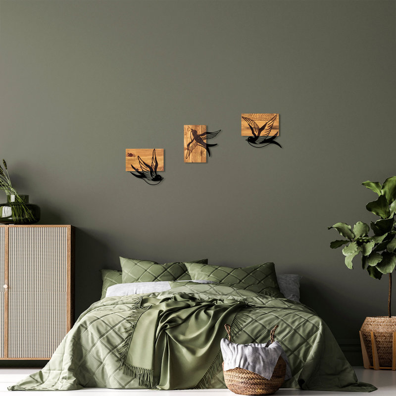 Ensemble d'accessoires muraux décoratifs en bois (3 pièces), noir et noyer, tailles: 9,8 x 1,2 x 9,1 po, 9,4 x 1,2 x 9,8 po, 9,8 x 1,2 x 9,1 po | 50% bois véritable et 50% métal | Parfait pour la décoration intérieure, variations de couleurs uniques