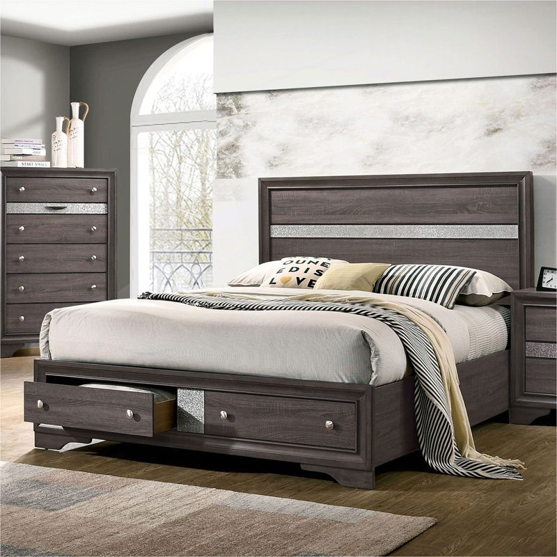 Lit de grand lit contemporain avec tête de lit 1pc et meubles de chambre à coucher, Gris