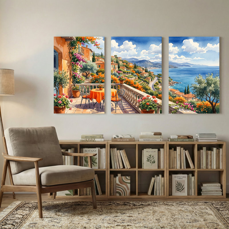 Paysage méditerranéen avec vue sur la mer, H 36 po x l 72 po