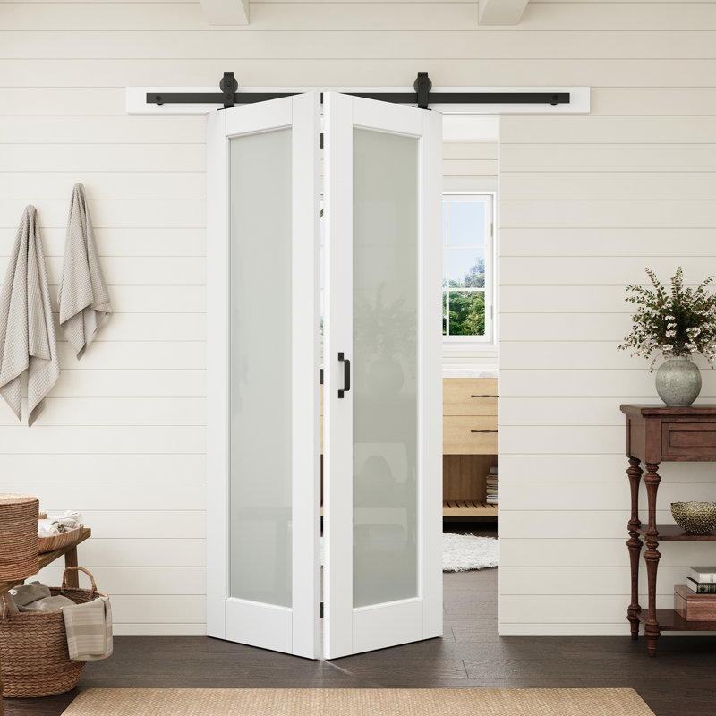 Porte vitrée pleine hauteur blanche de 122 x 203 cm avec porte pliante de style grange et quincaillerie incluse, idéale pour un garde-manger ou une chambre.
