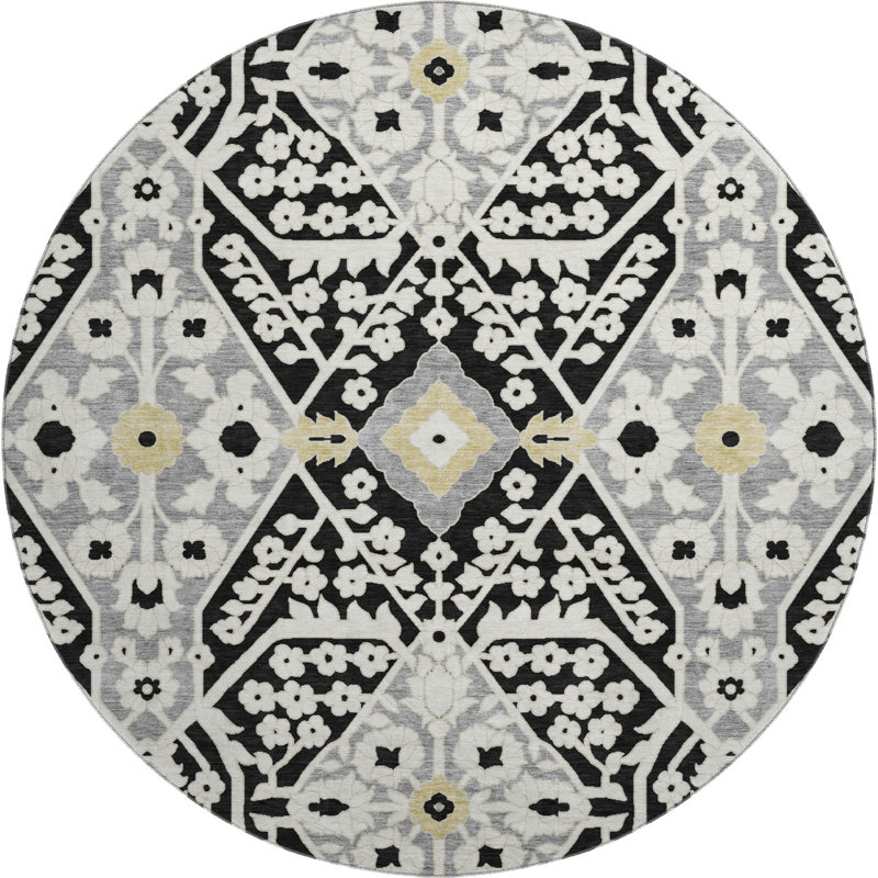 Premium Machine Washable Prisco Black Rug, Round 8'