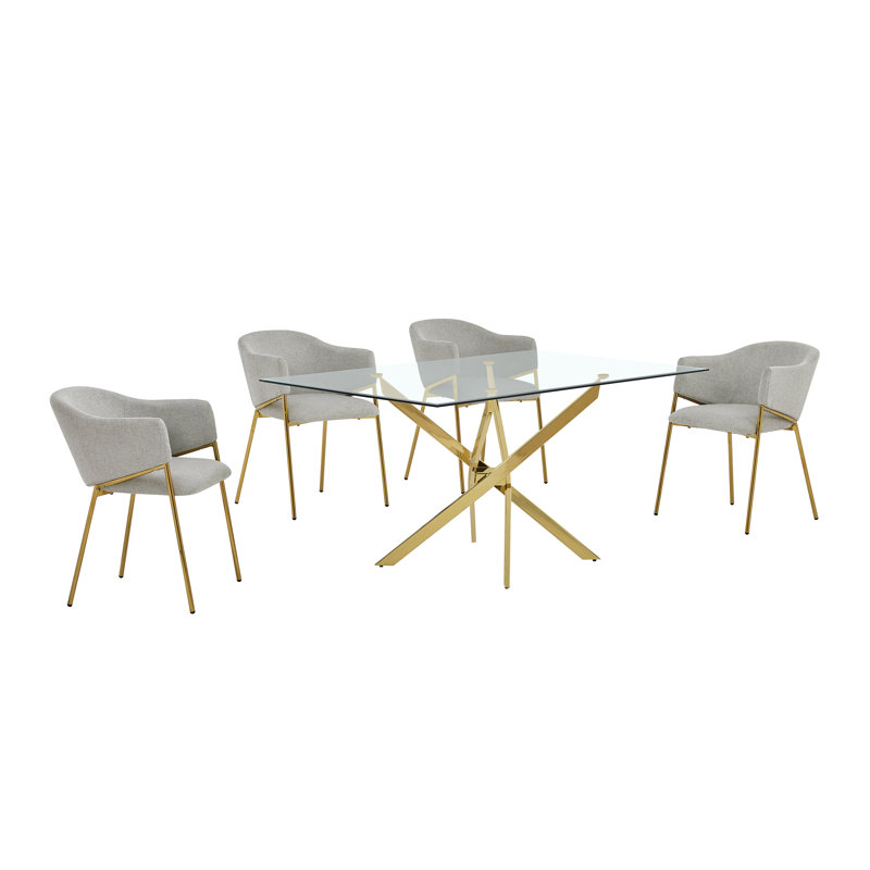 Ensemble de salle à manger rectangulaire en verre avec fauteuils en lin, 5, Gris/doré