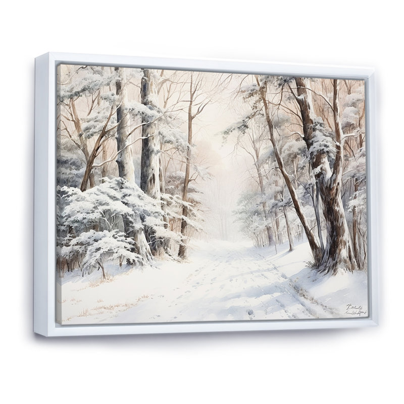 Hiver, forêt, charme de neige, paysage - neige, art mural, H 24 po x l 32 po x P 1 po, Cadre flottant blanc
