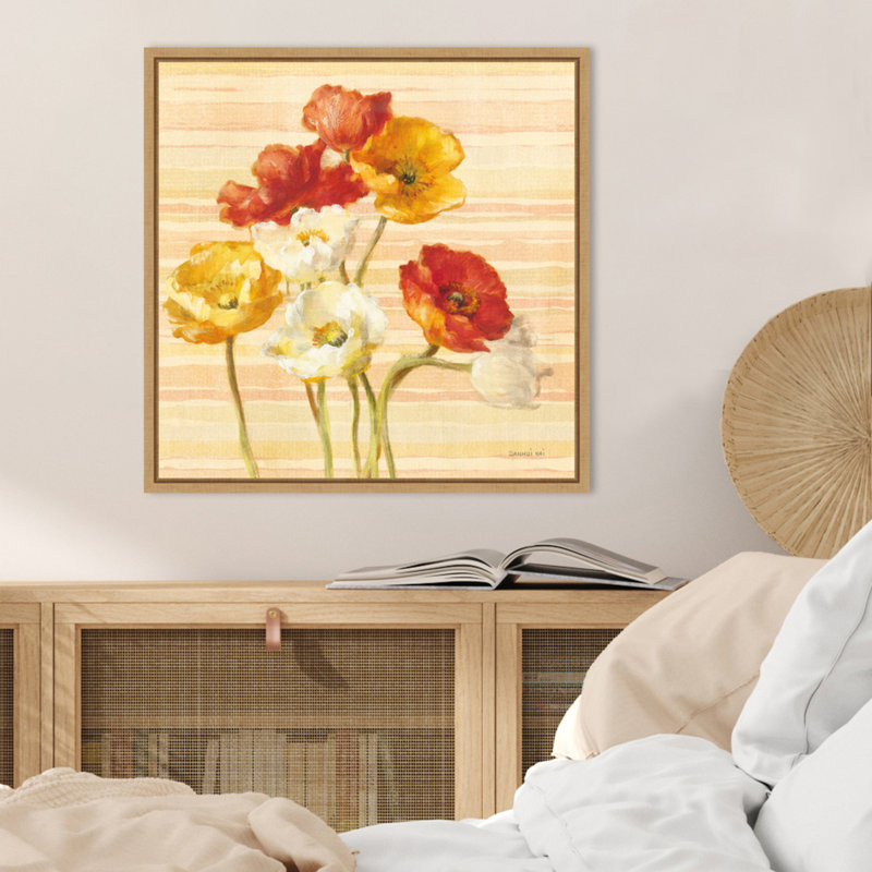 «Dancing Poppies on Stripes» par Danhui Nai, reproduction d'art sur toile encadrée, H 22 po x l 22 po