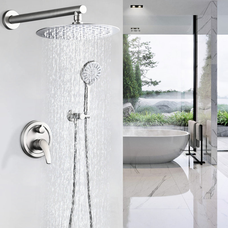 Douche haute 10 pouces à fixation murale avec pomme de pluie et 5 poignées, nickel brossé, qualité de conception en acier inoxydable