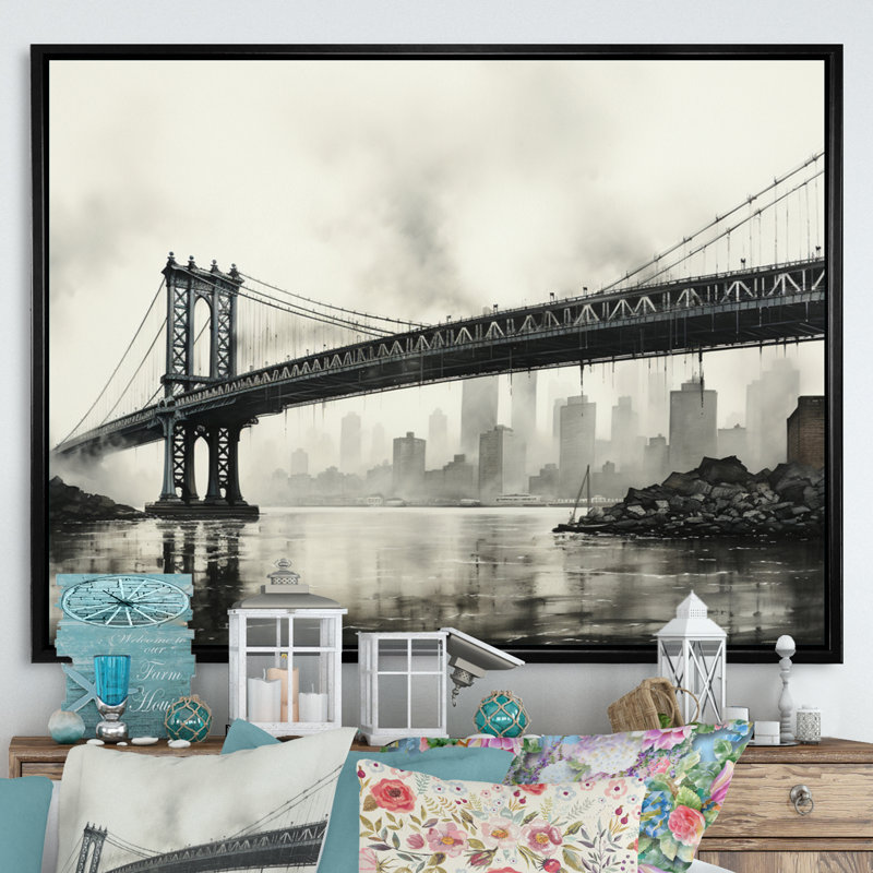 Gris pont suspendu à câble gris anthracite - Art mural sur toile, H 30 po x l 40 po x P 1,5 po, Cadre flottant noir