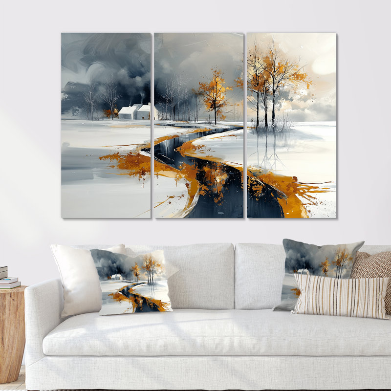 Or et blanc route givrée en hiver II - ensemble d'art mural paysage d'hiver, Métal métal, H 40 po x l 60 po x P 1 po