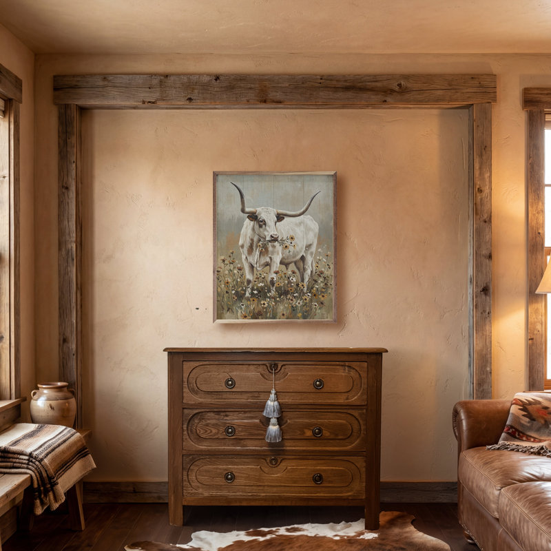 Longhorn parmi les fleurs, H 10 po x l 8 po