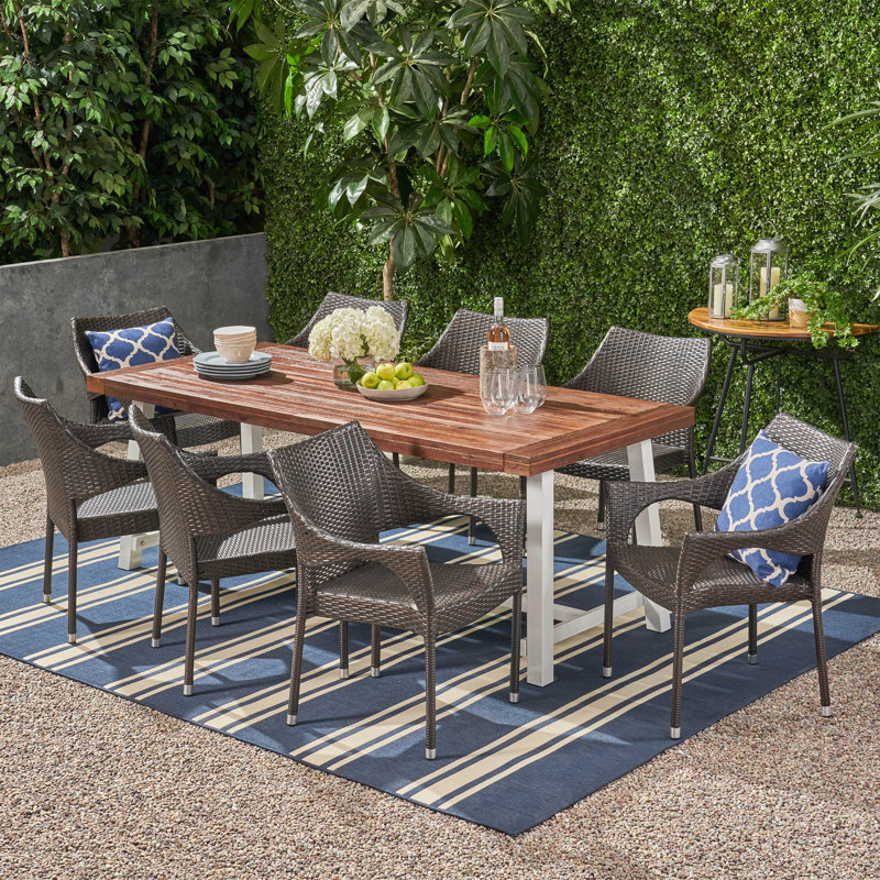 8 - Person Acacia Wicker Patio Dining Set with Rectangular Table, Sandblast Dark Brown/White/Multibrown