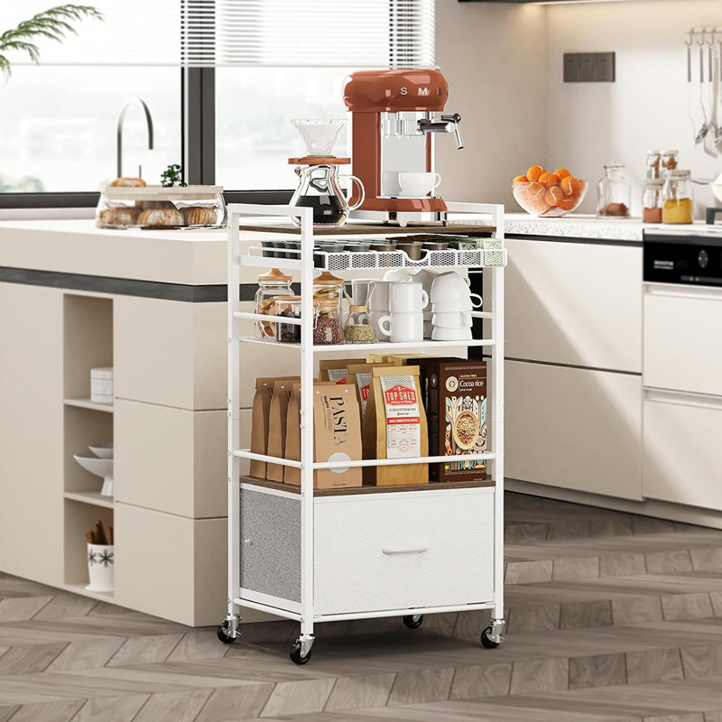 Chariot de rangement à 5 niveaux avec armoire de rangement et tiroir, buffet à roulettes de 33,6 pouces de hauteur pour cuisine à domicile ou buffet à boissons alcoolisées - blanc moderne