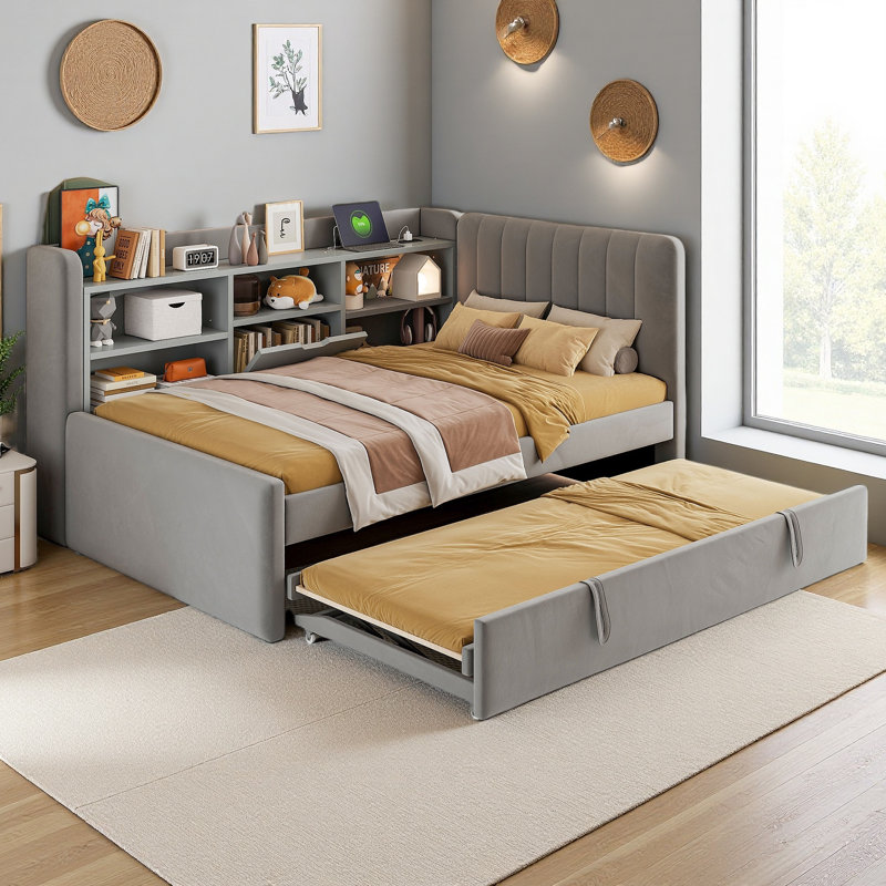 Twin Size Upholstered Daybed With Trundle, Storage Shelves, USB & Outlet, Beige