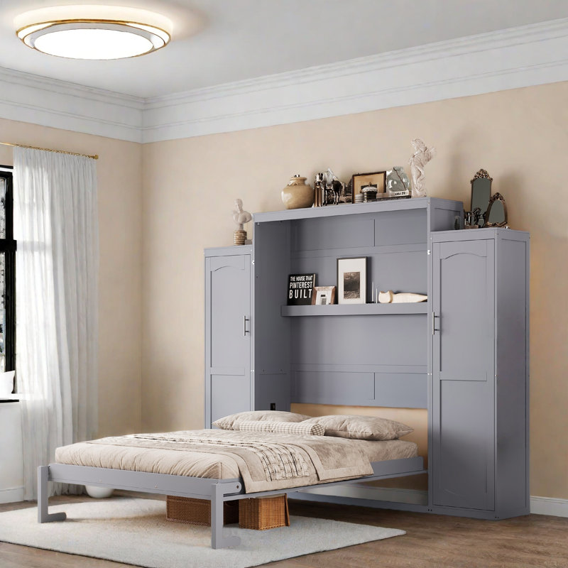 Lit escamotable pliable multifonctionnel avec deux armoires et tablettes de rangement, Gris