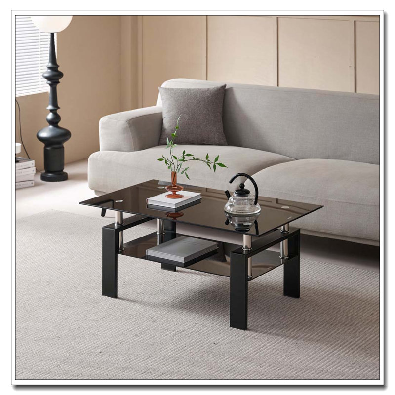 Table basse 2 couches en verre trempé transparent, Noir