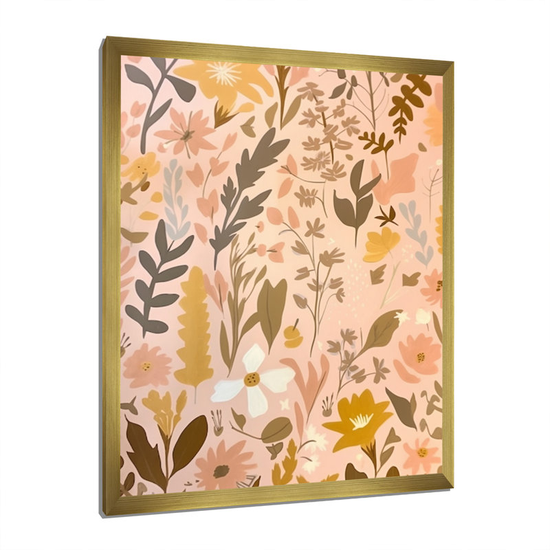 Graphique fleurs sauvages rétro rose pastel, H 44 po x l 34 po x P 1,5 po, Cadre doré à une seule photo