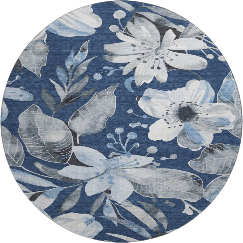 Tapis floral lavable à la machine de qualité supérieure Mayfield AMF2260, Marine, Rond 8 pi