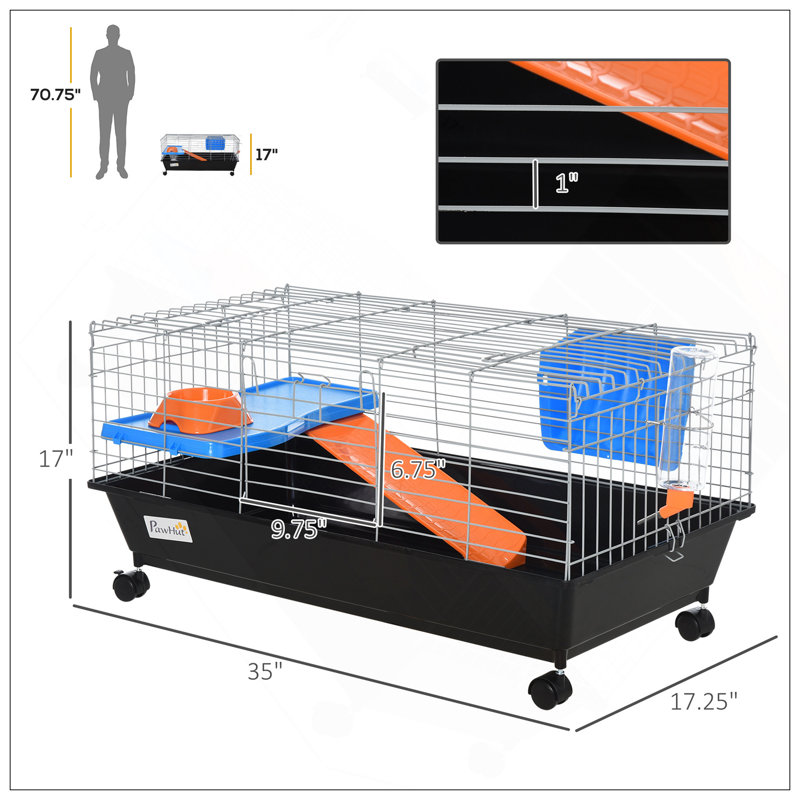 Cage pour petits animaux de 35 po, cage à lapins roulante, cage à cochon d'Inde avec plat de nourriture, bouteille d'eau, mangeoire à foin, plateforme, rampe pour furet chinchilla, noir