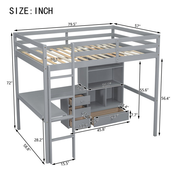 Harriet Bee Solid Wood Full Size Loft Bed with Desk, Storage Shelves ...