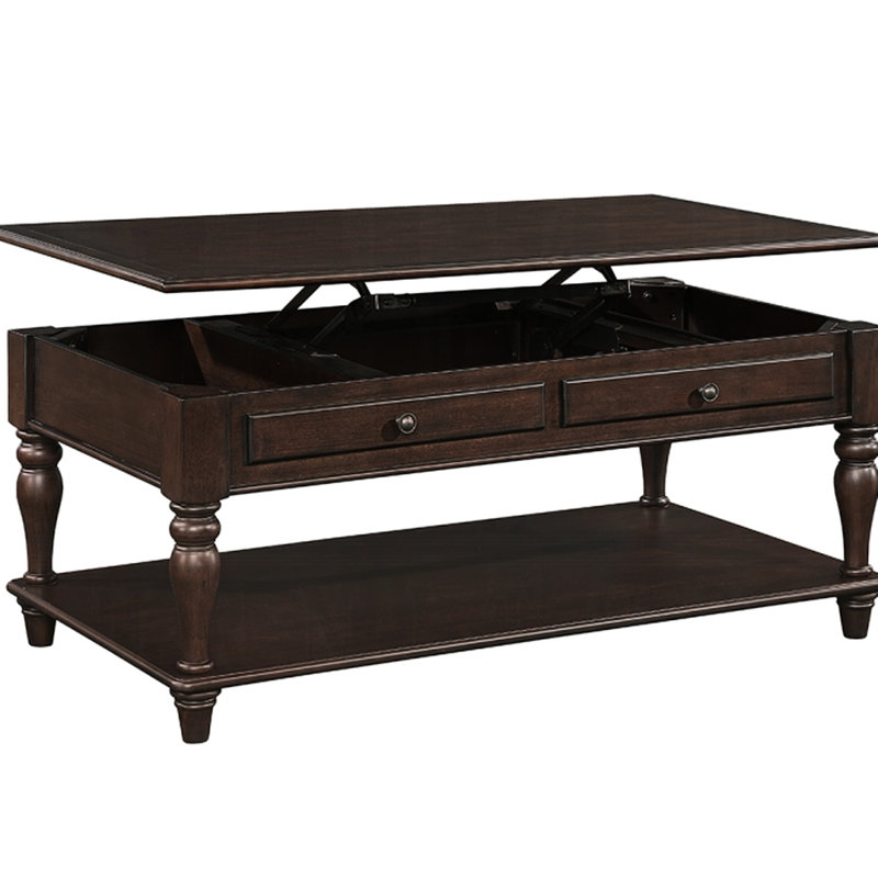 Table basse rectangulaire à plateau relevable en noyer, tablier en bois, pieds tournés et compartiments de rangement, table de 48 po de largeur avec plateau supérieur, tablette inférieure, hauteur de 20 po à 30 po