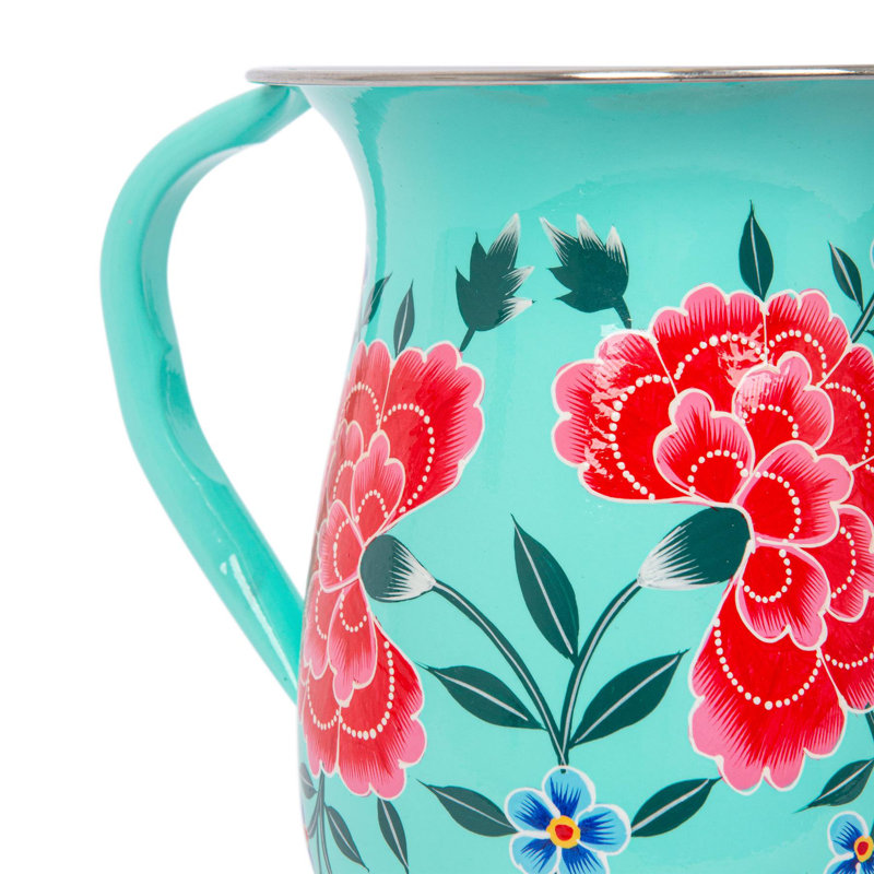 East Urban Home Hand-Painted Picnic Water Jug with 300ml Cups - 1.7L - Cotton Peony, Green