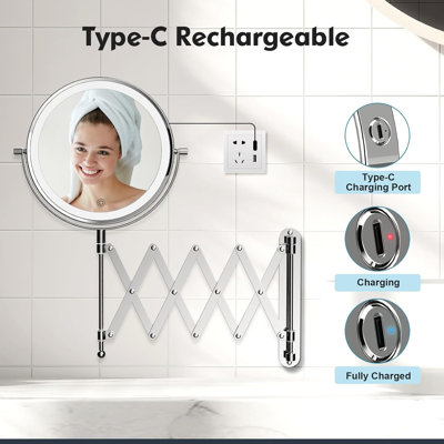 Round Chrome Metal LED Lighted Magnifying Extension Wall Mounted Bathroom Vanity Makeup Mirror