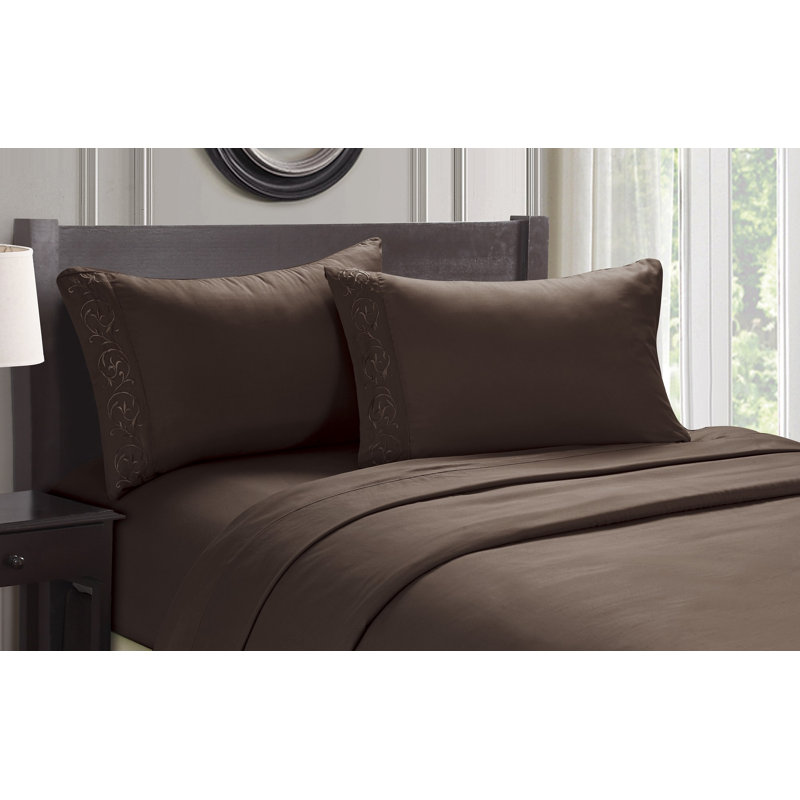 Microfiber Embroidered Sheet Set, Twin, Gray