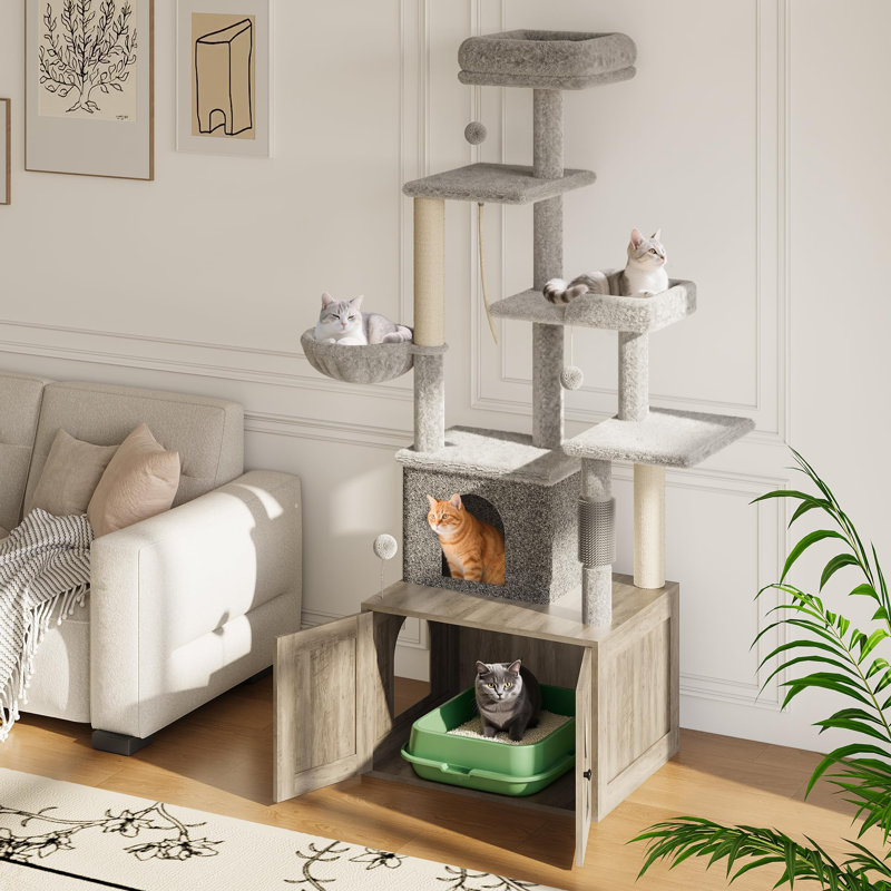 Tour pour arbre à chat moderne avec bac à litière caché - Condo à plusieurs niveaux, hamac, poteaux à griffer, plateforme de perchoir - Mobilier de salle de bain pour chat intégré - Armoire à litière pour chat fermée