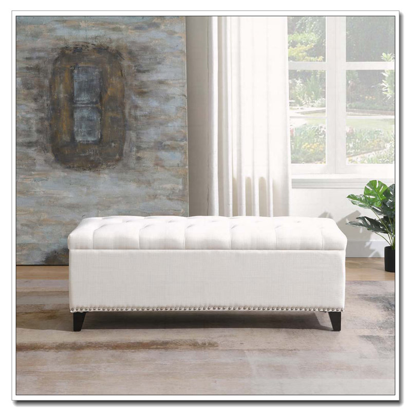 Banc de rangement en lin capitonné, Beige