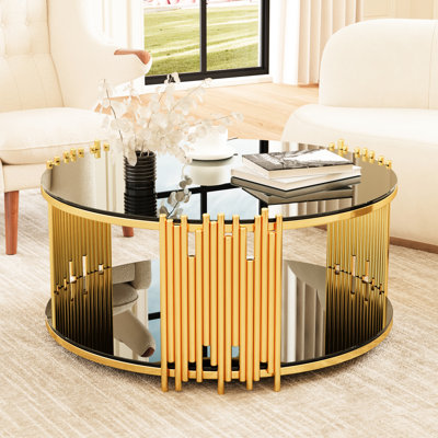 Table basse en acier inoxydable et verre noir pour un salon élégant avec verre trempé et décor surélevé