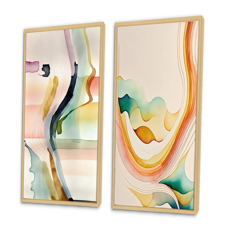 «Multi-Color Abstract Waves», 2 pièces sur toile, H 32 po x l 32 po, Encadrement brun