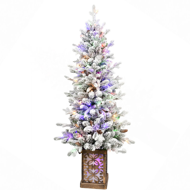 Arbre de Noël 4 pi avec lumières à DEL multicolores, 396 pointes, base scintillante, 100 lumières, extrémités en PE / PVC avec pommes de pin, vasque colorée illuminée, décoration des Fêtes facile à assembler