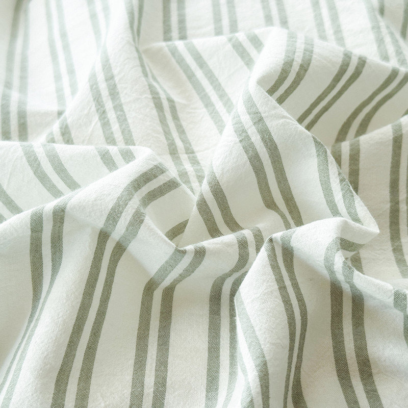 Ensemble de housse de couette en coton lavé rayé 100% coton, Queen Duvet Cover + 2 Pillowcases, White/Sage Green Striped