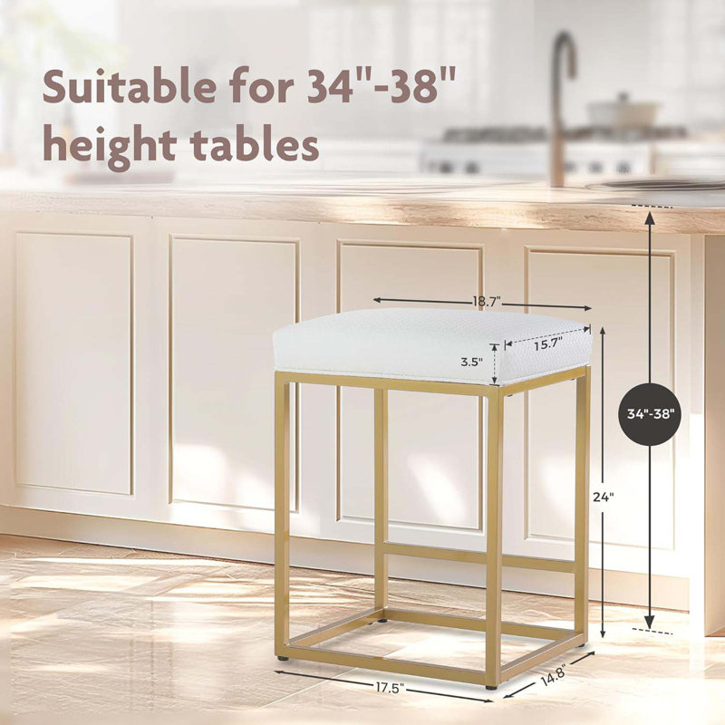 24 Inch Counter Height Bar Stools, Upholstered Bar Stools For Kitchen Island, Counter Stools With Faux Leather Cushion And Sturdy Metal Frame, Modern Barstools, White And Gold