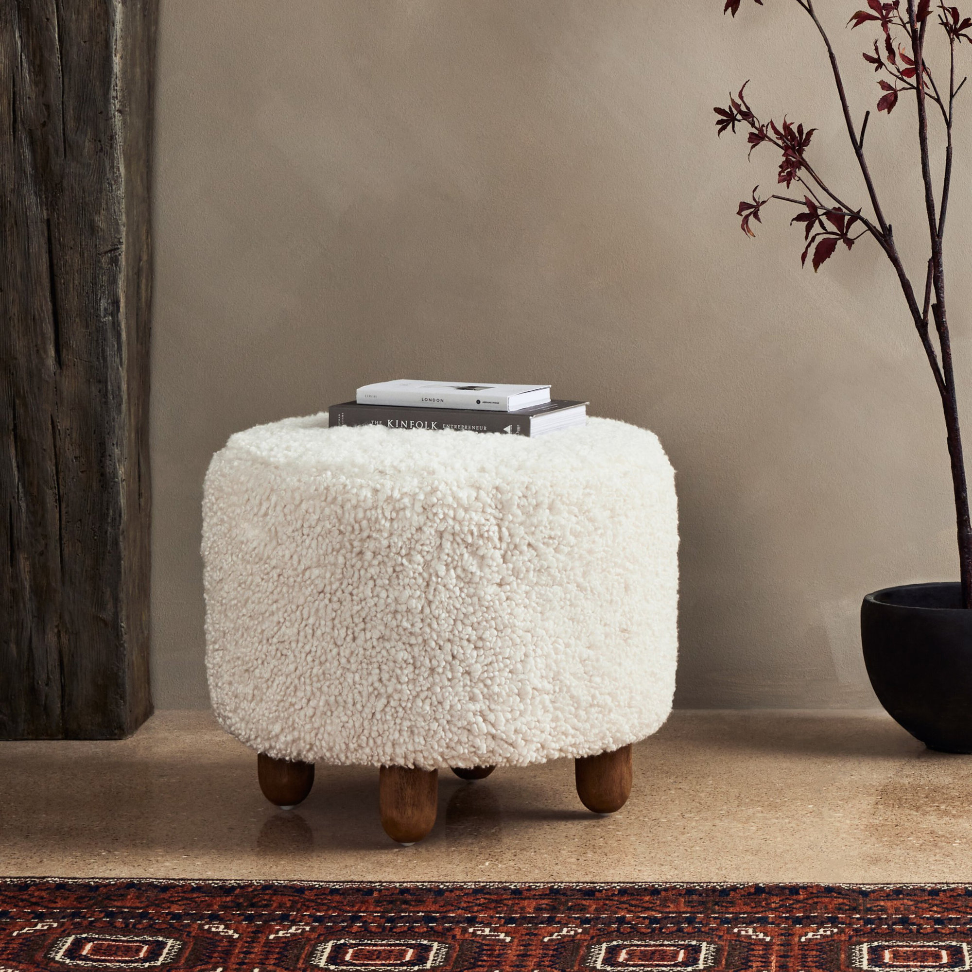 Risco 22.5" Wide Round Footstool Ottoman, Ivory Sherpa, Espresso Oak