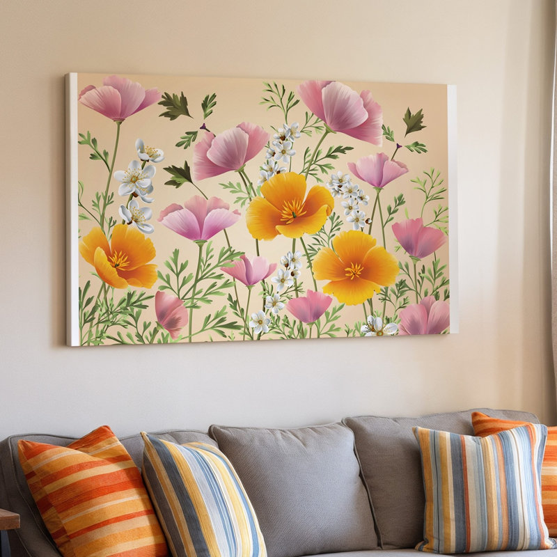 Reproduction d'art sur toile, "Composition florale" mettant en vedette des fleurs délicates roses et oranges, entrelacées avec un feuillage vert