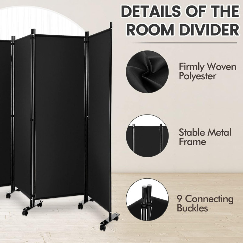 Black 4-Panel Folding Room Divider with Lockable Wheels