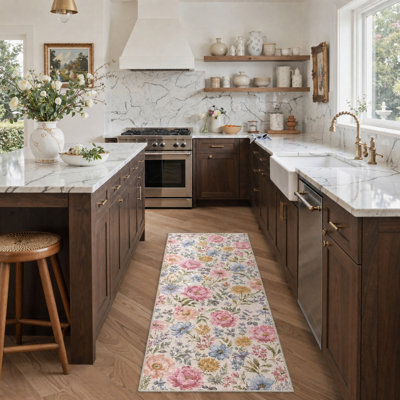 Tapis de couloir floral ivoire / rose lavable à la machine avec envers antidérapant