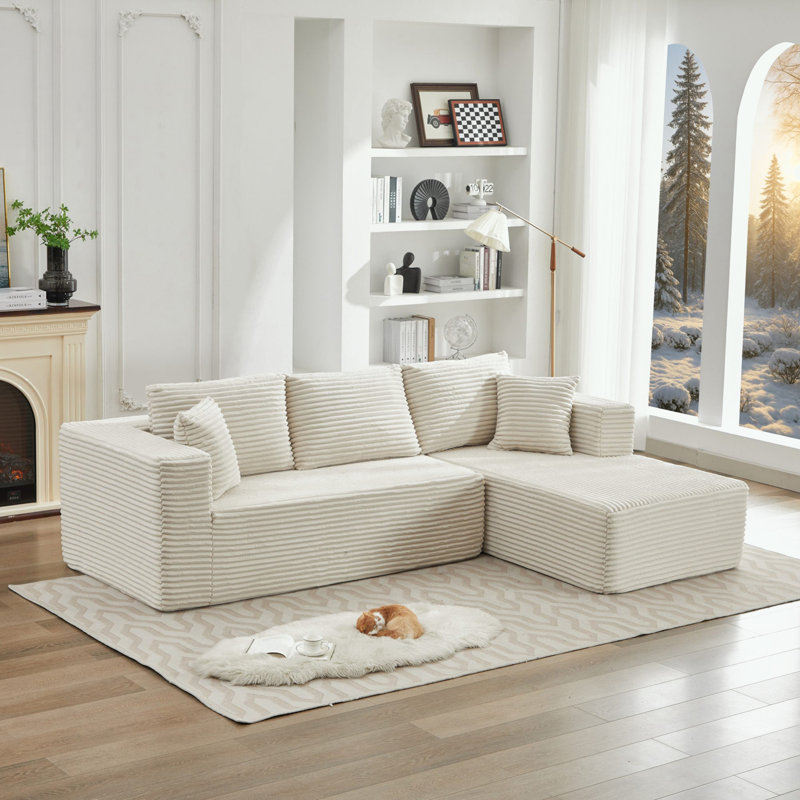 L-Shape Sectional Couch with Right Facing Chaise, Beige Corduroy