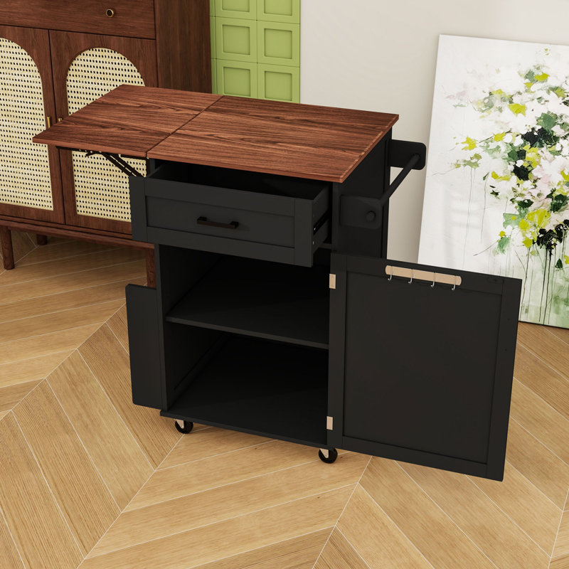 Kitchen Island with Drop Leaf, Drawer, Side Rack and Towel Rack, Black