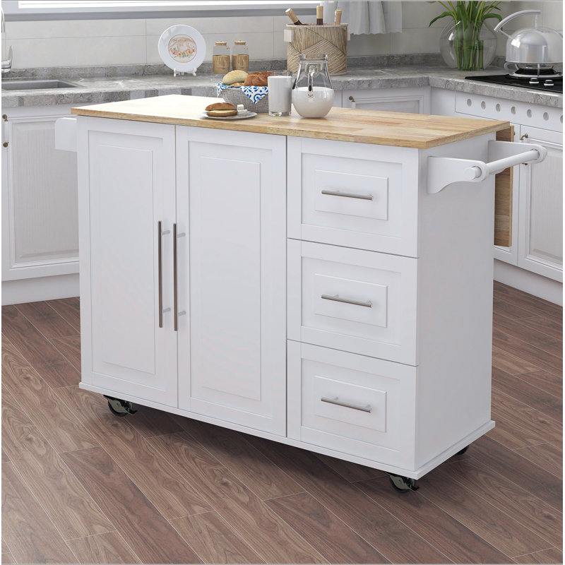 Kitchen Island With Spice Rack, Towel Rack And Extensible Solid Wood Table Top, White