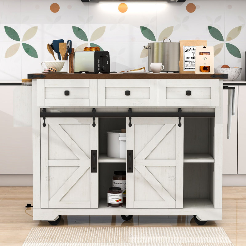 54" Farmhouse Kitchen Island with Drop Leaf, Power Outlet, 3 Drawers, Spice Rack& Wheels, White
