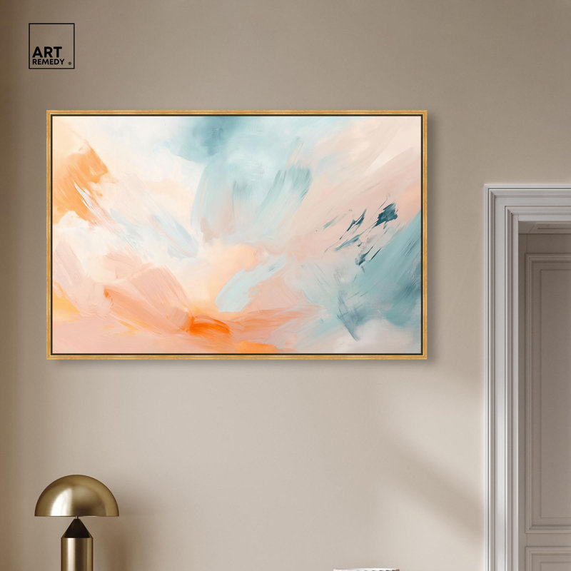 «Sunrise Palette I», art mural tendance sur toile , Cadre flottant doré, H 31 po x l 46 po