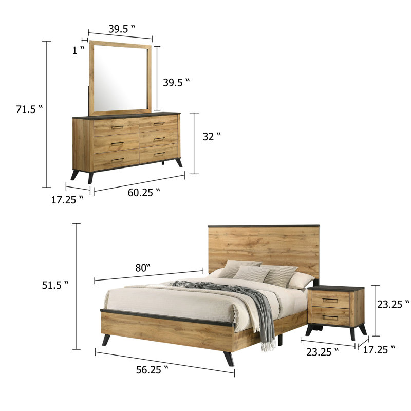 Ensemble de lit double 4 pièces Wemy, bois de pin brun rustique, pieds fuselés, Double