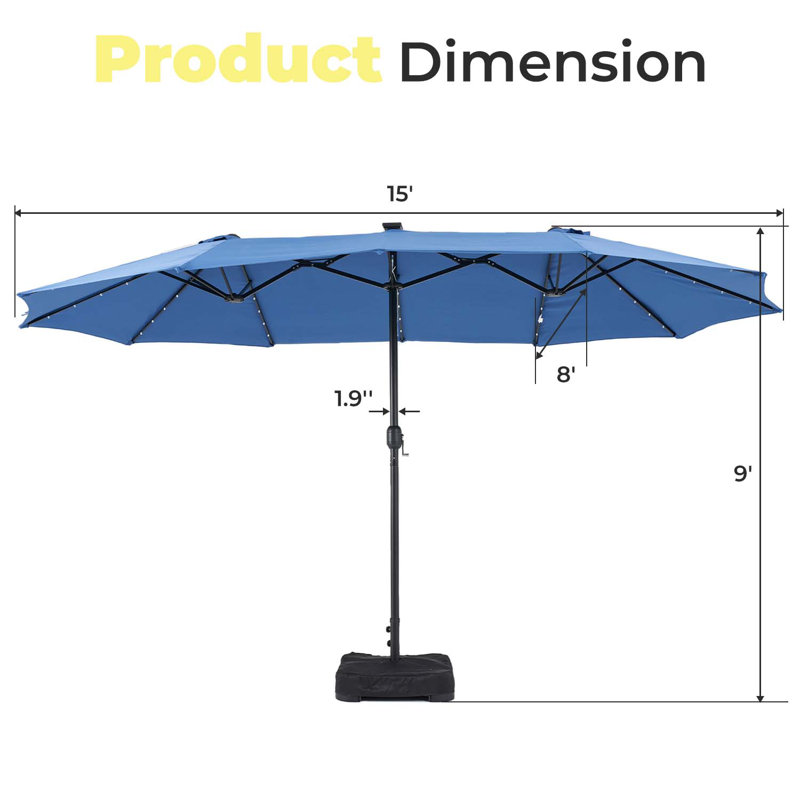 Parasol de marché rectangulaire à DEL 15 pi avec base incluse, Bleu