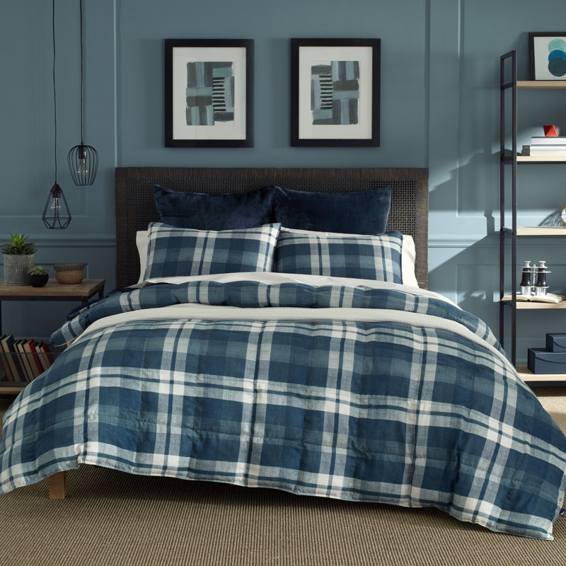 Nautica Crossview Plaid Microsuede Comforter Set, Twin XL Comforter + 1 Standard Sham, Blue