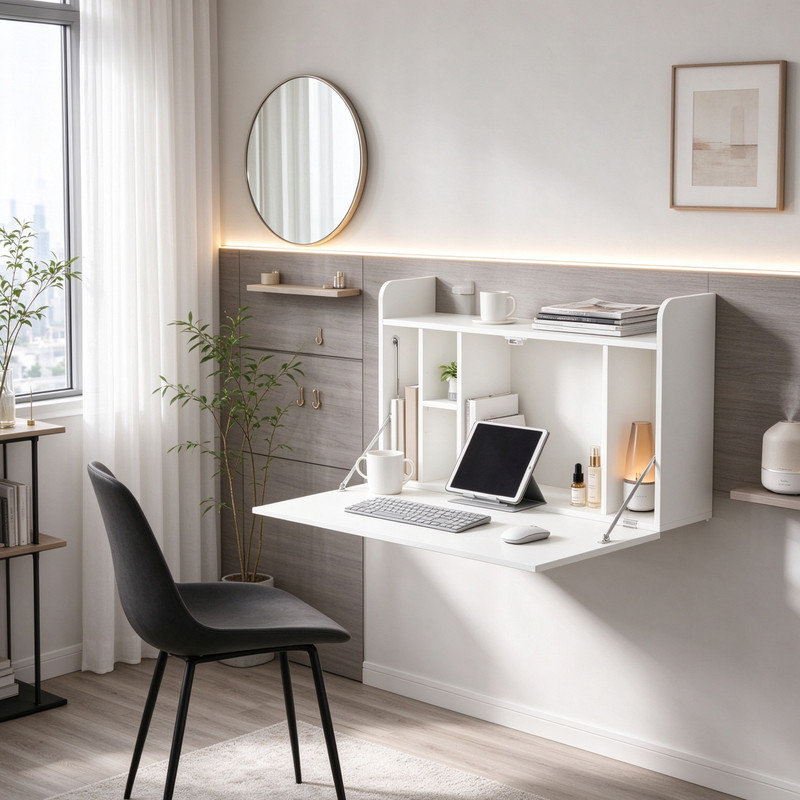 Drop Leaf Wall Mounted Desk with Hidden Storage, White Modern Floating Home Office Work Table